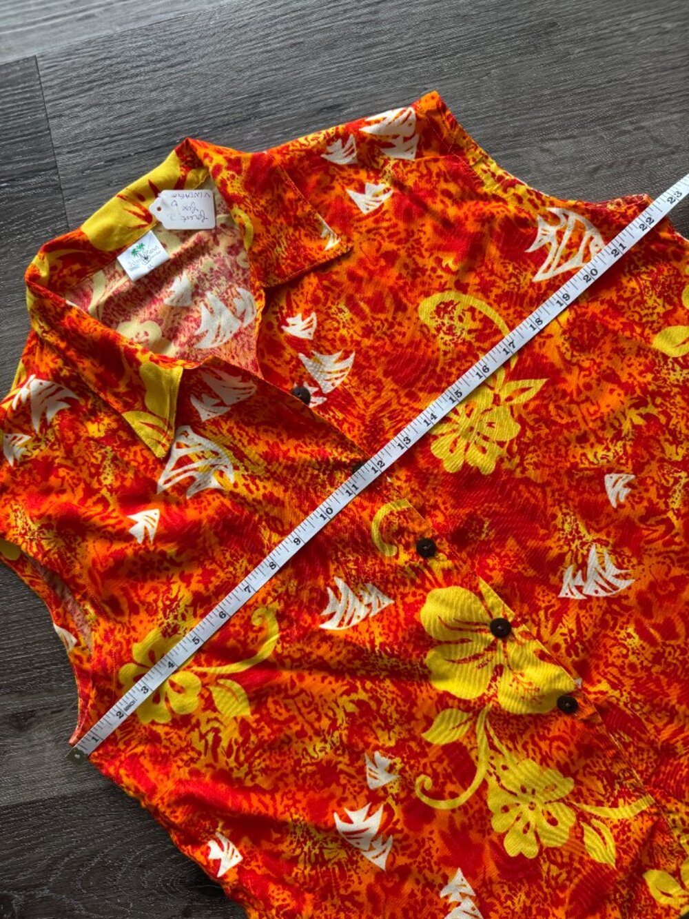 Vintage 90s Hawaiian Sleeveless Shirt | Orange Yellow Tropical Floral Camp Top - Picture 8 of 11